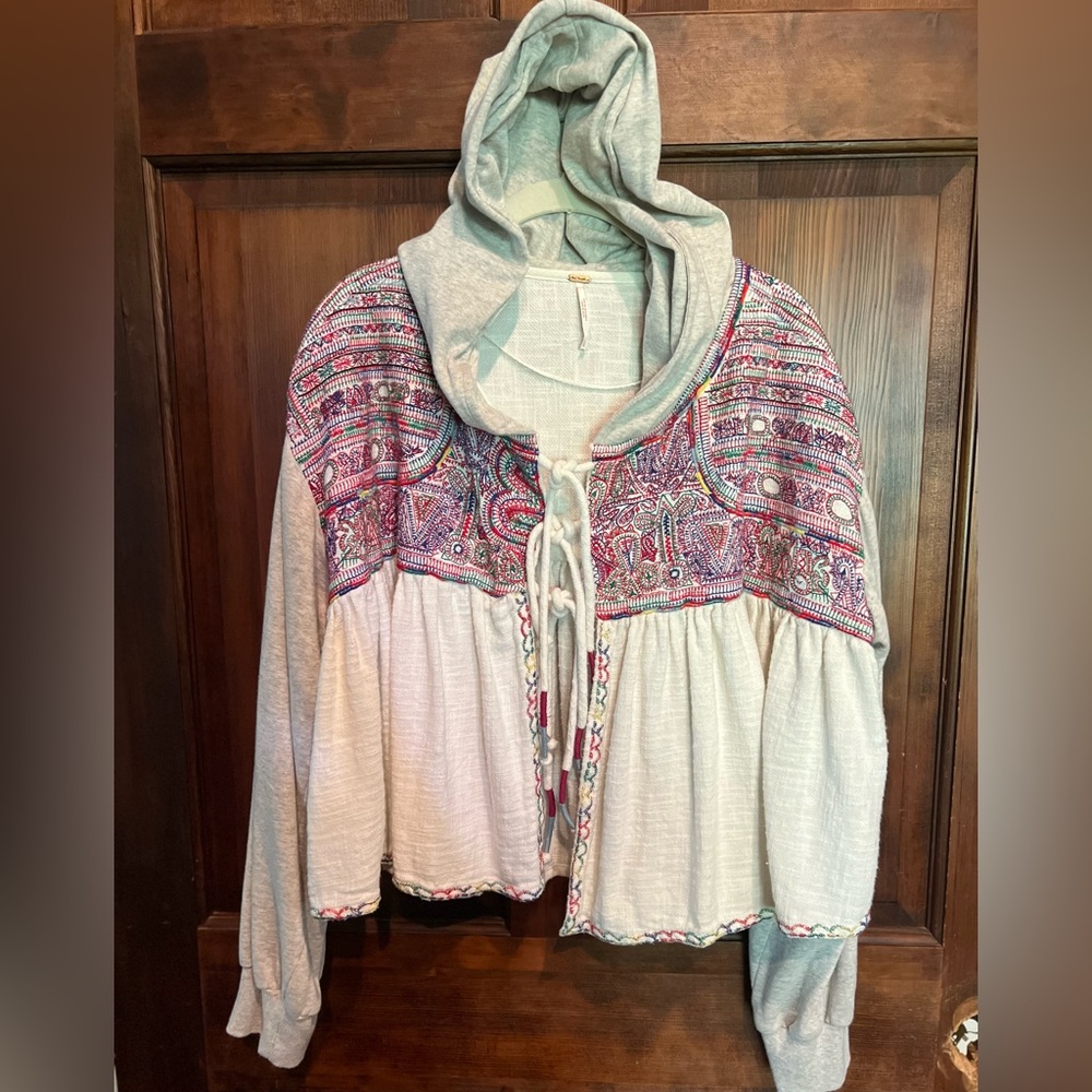 Free People Embroidered Open Hoodie With Tie Front